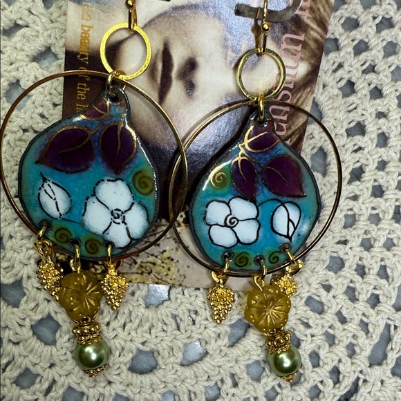 enameled Floral Earrings & green glass with Gold Accents